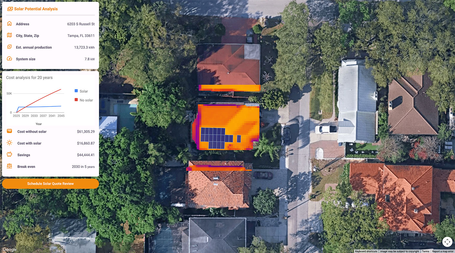 Solar IQ (Instant Quote) showing satellite solar potential analysis with savings breakdown